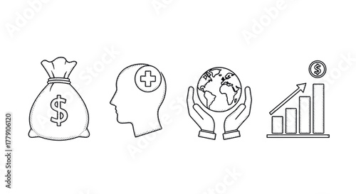 Sketch style icons money bag, health, global environment, financial growth
