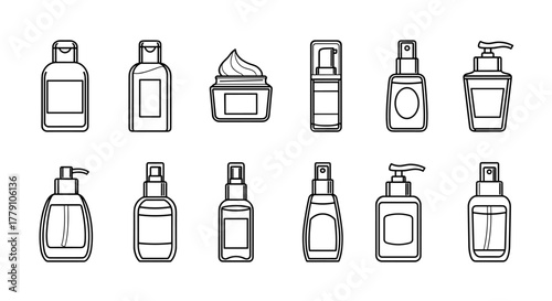 Collection of twelve different cosmetic bottles and containers, including spray bottles, pump dispensers, and jars with lids, presented as a clean, white outline vector illustration on a black