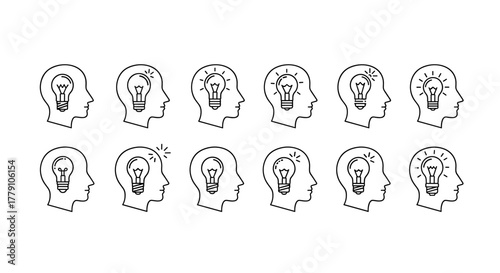 Set of ten thin line icons representing a lightbulb inside a human head silhouette, symbolizing ideas, innovation, and creativity. These versatile vector cartoon illustrations are perfect for web