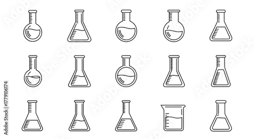 Collection of outline laboratory flasks and beakers, including Erlenmeyer and round-bottom flasks, filled with liquid, presented on a clean white background, perfect for science, education, and
