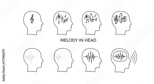 Minimalistic vector illustration depicting abstract concepts of music and sound within human heads, featuring musical notes, treble clefs, and sound wave visualizations, symbolizing auditory