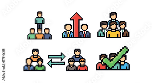 Colorful pixel art characters showing different team dynamics and leadership styles