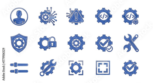 Blue pencil sketched gear and technology icons for digital interfaces and development