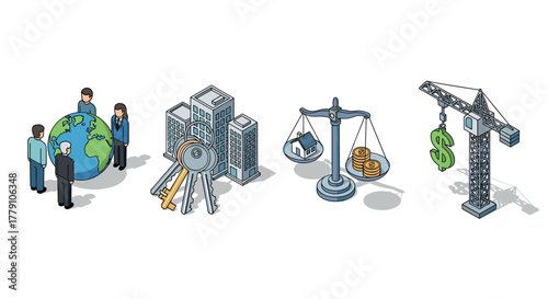 Isometric business concepts global partnership, real estate, finance, and construction