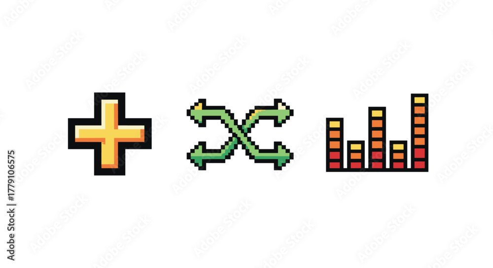 Obraz premium Retro pixel icons of plus sign, shuffle arrows, and equalizer bars