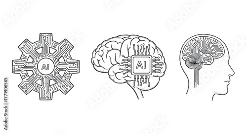 Futuristic ai circuitry concepts with brain and human head in monochrome design