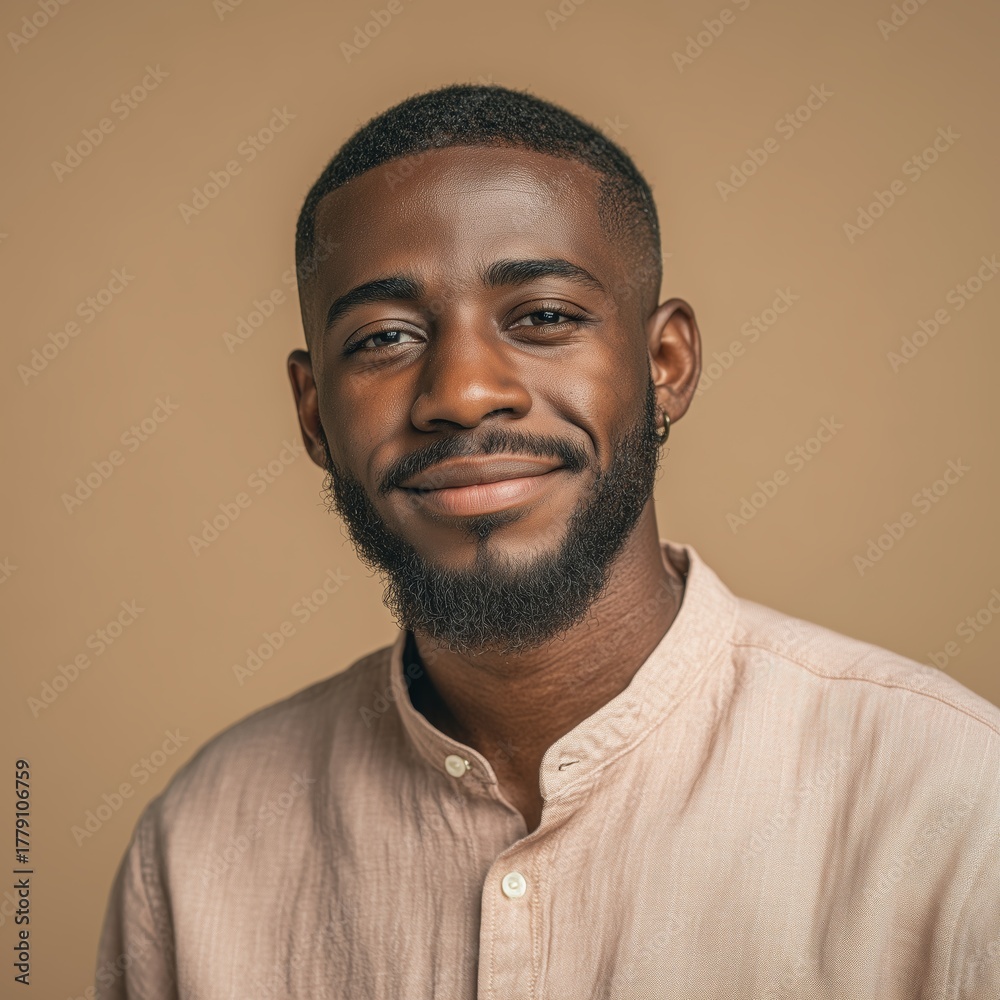Obraz premium Smiling Young Man in Casual Shirt on Brown Background