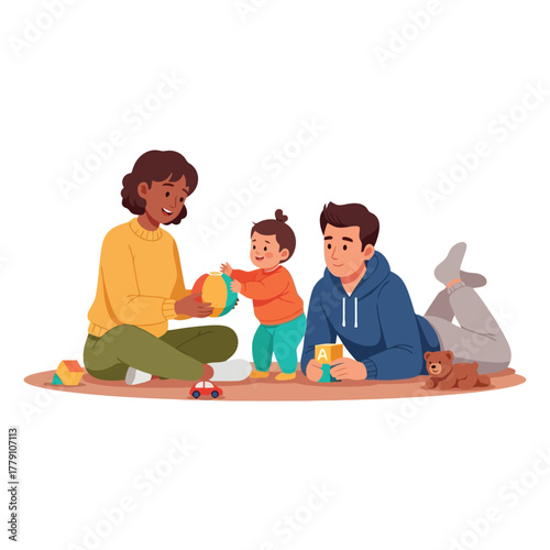 Happy family playing together at home with toys and ball on the floor