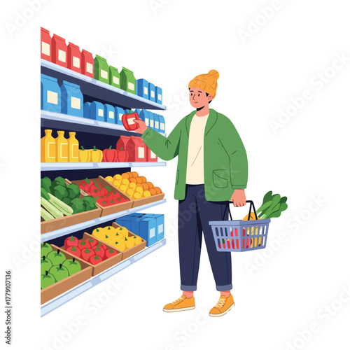 Young man selecting fresh produce in a colorful grocery store aisle
