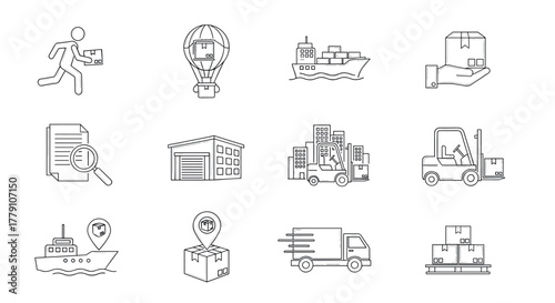 Logistics and delivery icons set line art style for shipping and supply chain concepts