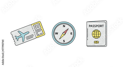Travel essentials plane ticket, compass, passport in modern line art style
