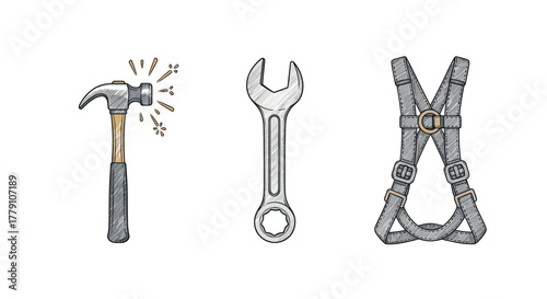 Hand drawn tool set featuring hammer, wrench, and safety harness