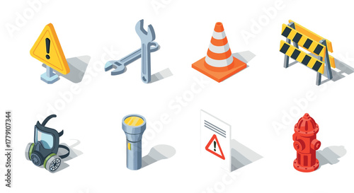 Isometric safety and construction icons with tools and signs