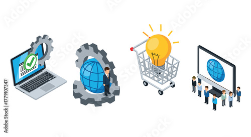 Isometric business technology concepts with laptops and cogs