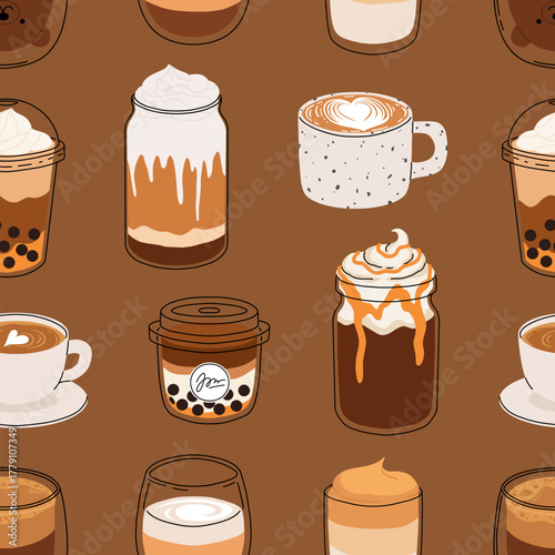 Seamless coffee pattern with cute drinks. Cartoon vector of cappuccino, latte, mocha, bubble tea, iced coffee, hot chocolate, and bear latte art. Cozy winter cafe design illustration.