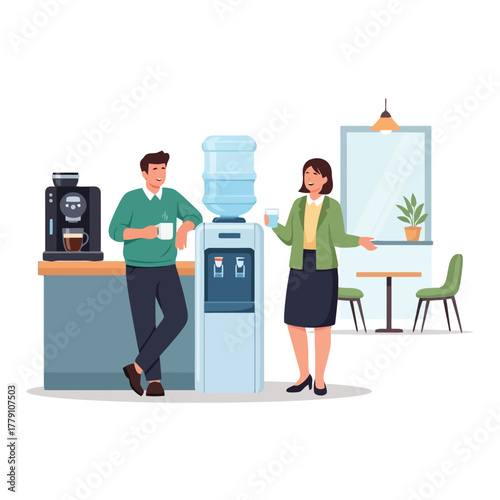 Team taking a break at office water cooler, fostering collaboration vibe