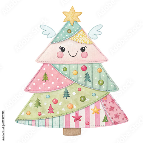 A patchwork Christmas tree illustration with pastel fabric patches in pink Clipart