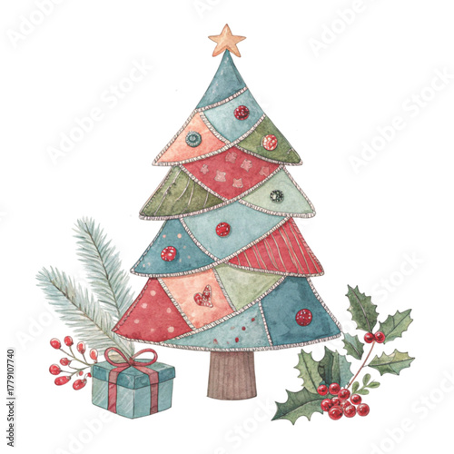 A patchwork Christmas tree illustration with pastel fabric patches in pink Clipart