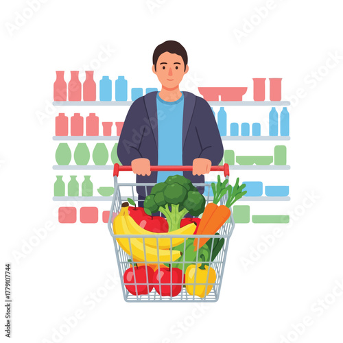 Man pushing shopping cart filled with fresh fruits and vegetables today