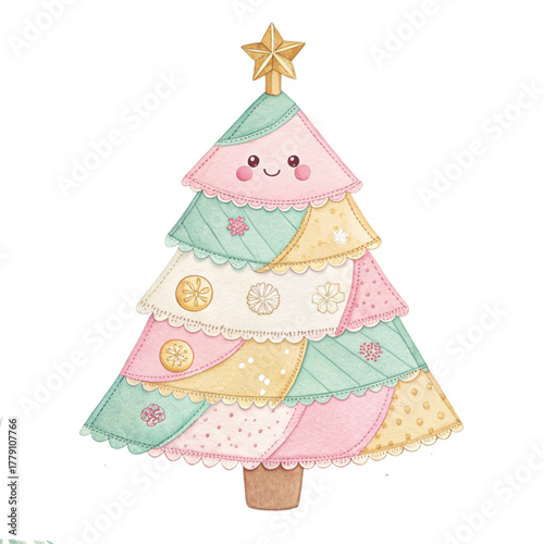 A patchwork Christmas tree illustration with pastel fabric patches in pink Clipart