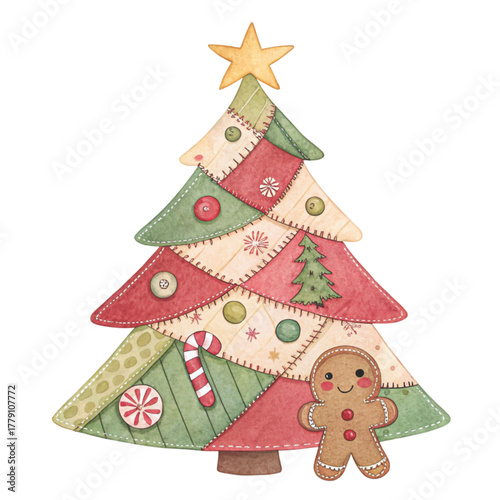 A patchwork Christmas tree illustration with pastel fabric patches in pink Clipart
