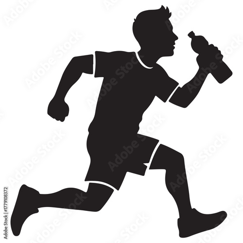Black Silhouette of a Man Running and Hydrating with a Bottle