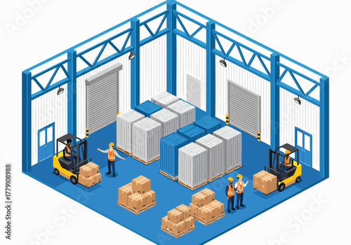 Isometric view of a busy logistics warehouse operation with workers, forklifts, and stacked goods, showcasing efficient storage and distribution processes