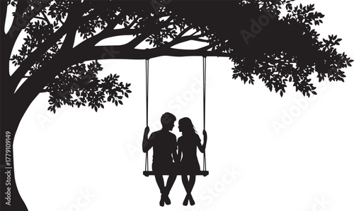 Silhouetted young couple shares a quiet moment sitting on a swing under a tree