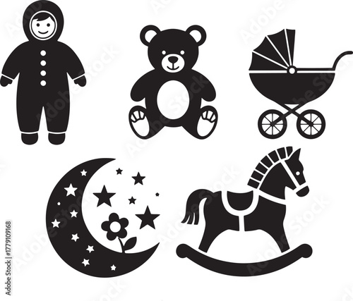 Smiling baby in suit, teddy bear, pram, moon with stars, and horse are here