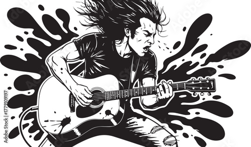 Energetic rock musician playing acoustic guitar, dynamic illustration