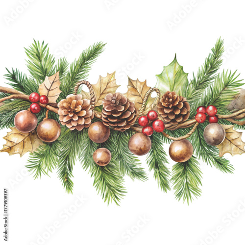 Horizontal Christmas garland watercolor illustration decorated with green pine branches