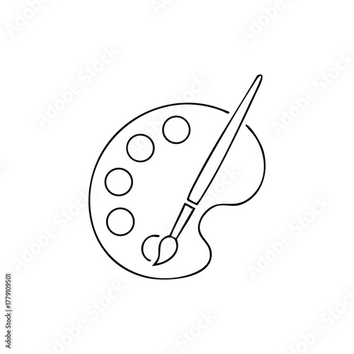 Artist palette and paintbrush silhouette with six paint wells, representing painting and fine arts tools