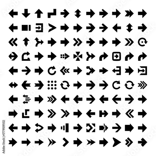 Arrow silhouette collection of various directional indicators and shapes isolated on white for navigation and user interface.