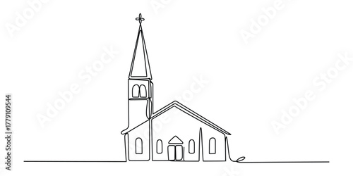 Continuous line drawing of church building with cross on steeple