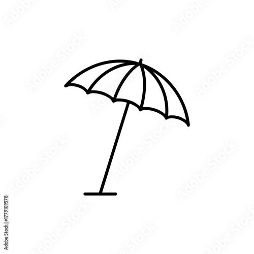 Beach umbrella silhouette line icon representing summer vacation and travel, isolated on a clean white background.