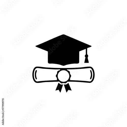 Black graduation cap and rolled diploma silhouette representing academic achievement, educational success, and future aspirations for students.