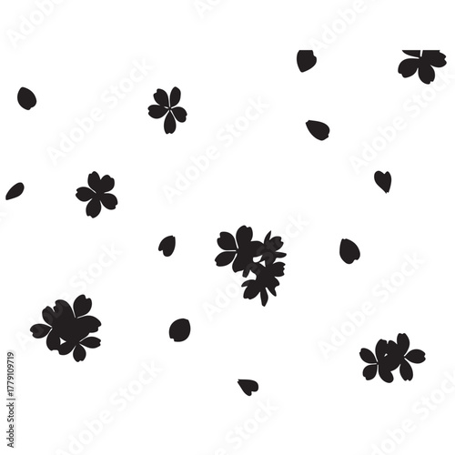 Black Silhouette of Scattered Cherry Blossoms and Petals on a White Background