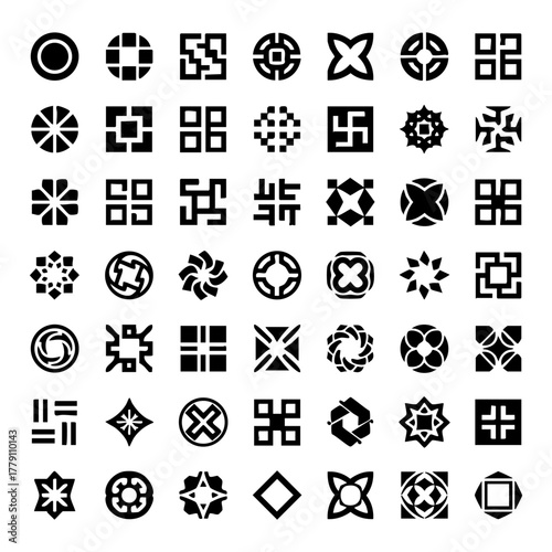 Collection of diverse geometric silhouettes featuring various shapes and patterns suitable for modern iconography
