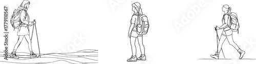 Continuous line art is used to draw a traveler walking, while also showing a woman participating in outdoor hiking on a mountain