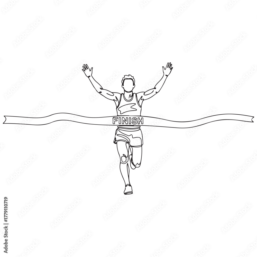 Fototapeta premium Dynamic Line Art Illustration of a Runner Crossing the Finish Line with Arms Raised in Victory