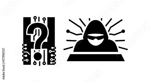 Cybersecurity hacker icon with question mark and circuit board elements