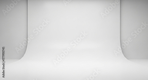 Fototapeta Naklejka Na Ścianę i Meble -  White background a minimalist white studio backdrop with curved walls and a smooth, bright, and neutral background