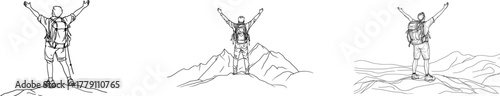 A man on a mountain peak is illustrated in a continuous line drawing, signifying victory and available as a template for design works on a white background