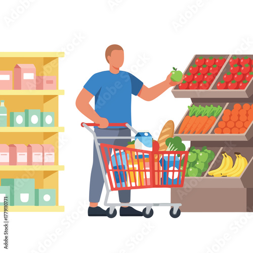 Man chooses healthy apple while grocery shopping at local supermarket