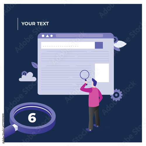 Illustration of a person analyzing a webpage with a magnifying glass. Concept of search, SEO optimization, data analysis, or website audit. Modern flat design in purple and blue tones.