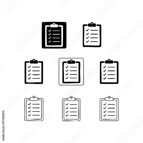 Eight hand drawn clipboard icons with checklist marks presented in a black and white silhouette style for task management and planning