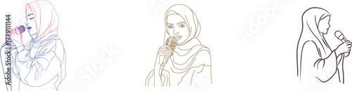 Minimalist design is used to create a one-line drawing of a hijab girl singing