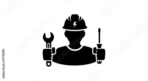 Silhouette of an electrician with tools and hard hat