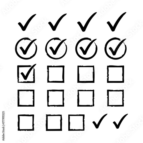 Hand drawn grunge checkmark and checkbox silhouette icon set for task lists and completion indicators