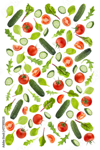 Wallpaper Mural Bright summer salad ingredients of green vegetables, tomatoes and leafy greens as pattern, isolated. Fresh green cucumbers, bright sweet cherry tomato with colorful chard, spinach, arugula leaves. Torontodigital.ca